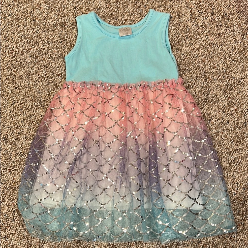 Girls Sleeveless Aqua Top Pastel Ombre Tulle Dress with Gold Sparkle
